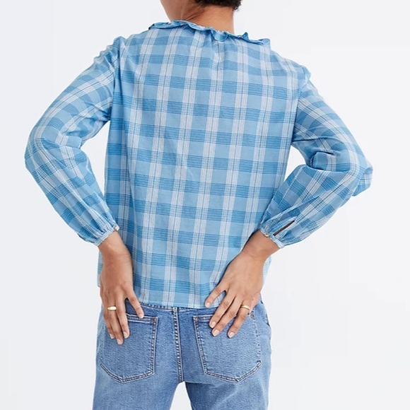 Madewell Ruffle-Neck Top in Colwell Plaid long sleeves  button front blue - Picture 2 of 10